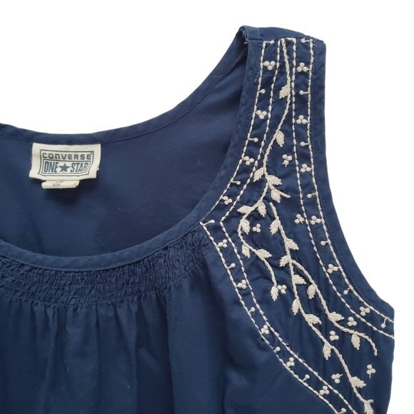 Converse One Star  Floral Embroidered Navy Blue White Cotton Tank Size XS - Picture 3 of 8